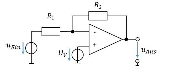 Invertierender Verstärker mit R1 und R2, dessen nicht-invertierender Eingang an der Spannung UV liegt