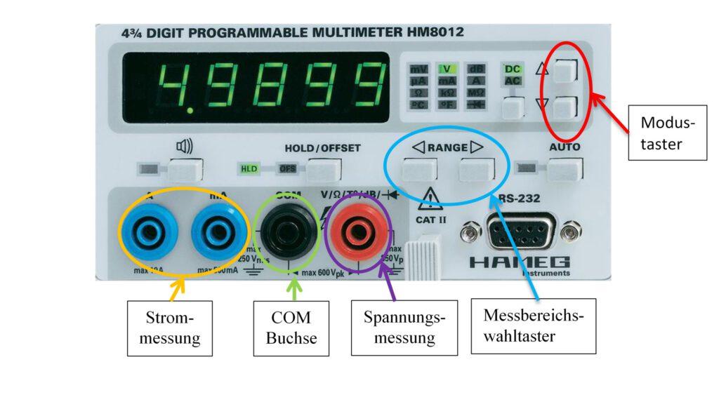 Multimeter HM8012 mit Buchsen für Strommessung, COM und Spannungsmessung sowie Modus- und Messbereichstastern