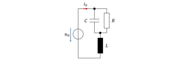 Netzwerk: Quelle u0 mit Strom i0, Parallelschaltung aus C und R in Reihe mit der Spule L