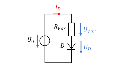 Reihenschaltung aus Spannungsquelle U_0, Vorwiderstand R_Vor und Diode D
