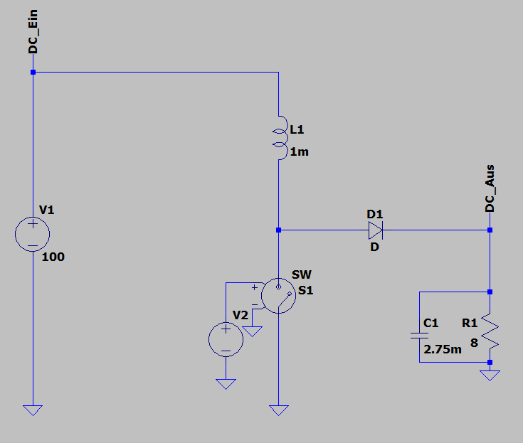 LTspice-Simulationsschaltung des Hochsetzstellers mit V1 = 100 V, L1 = 1 mH, Schalter S1, Diode D1, C1 = 2,75 mF und R1 = 8 Ω