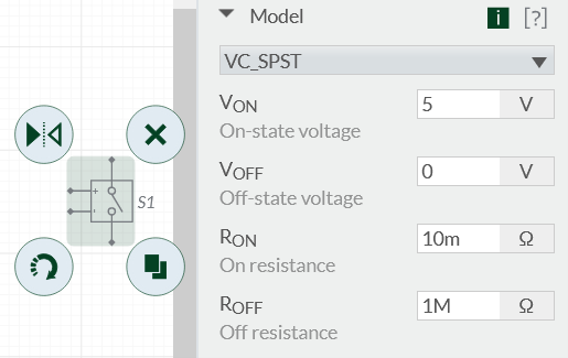 Spannungsgesteuerter Schalter VC_SPST in Multisim mit den Parametern V_ON, V_OFF, R_ON und R_OFF