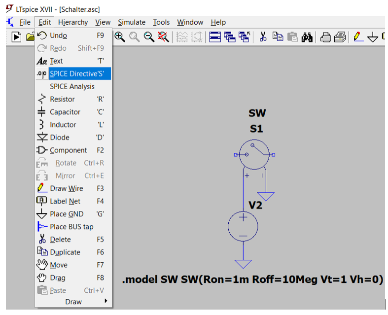Spannungsgesteuerter Schalter in LTspice: SPICE Directive .model SW SW(Ron=1m Roff=10Meg Vt=1 Vh=0)