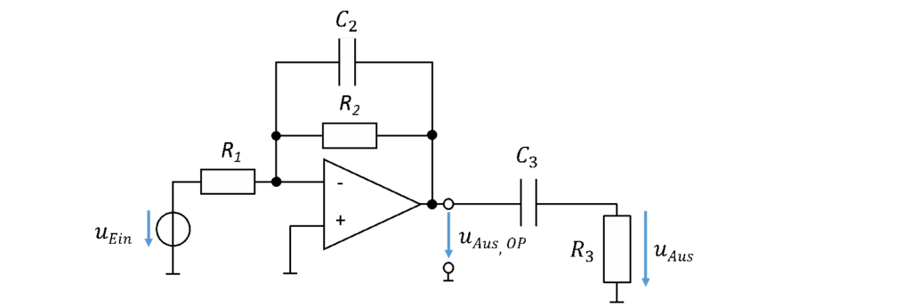 Aktiver Tiefpass mit nachgeschaltetem passivem RC-Hochpass aus C_3 und R_3