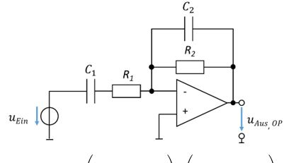 Aktiver Bandpass mit C_1 und R_1 am Eingang sowie C_2 parallel zu R_2