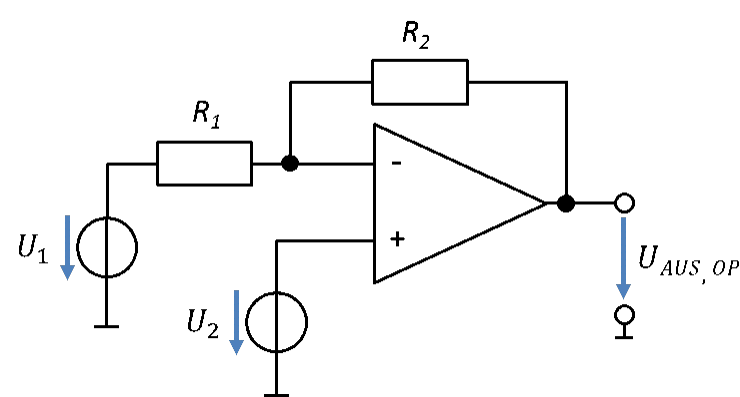 Differenzverstärker vereinfacht: U_1 über R_1 am Minus-Eingang, U_2 direkt am Plus-Eingang