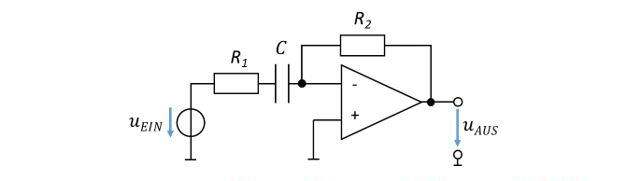 Aktiver Hochpass: R_1 und C in Reihe vor dem invertierenden Verstärker, Rückkopplung über R_2