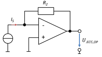 Strom-Spannungswandler (TIA): Stromquelle I_S am Minus-Eingang, Rückkopplung über R_2
