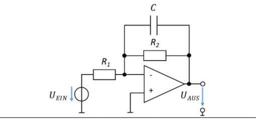 Aktiver Tiefpass: invertierender Verstärker mit Kondensator C parallel zu R_2