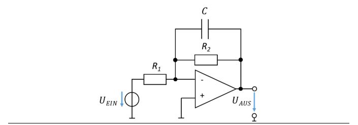 Aktiver Tiefpass: invertierender Verstärker mit Kondensator C parallel zu R_2